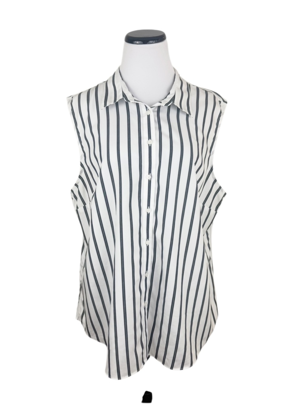 Lands End No Iron Striped Sleeveless Button Front Shirt Black White Size XL
